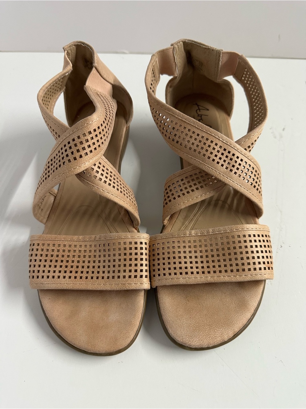 Abella Beige Crisscross Perforated Wedge Sandals
